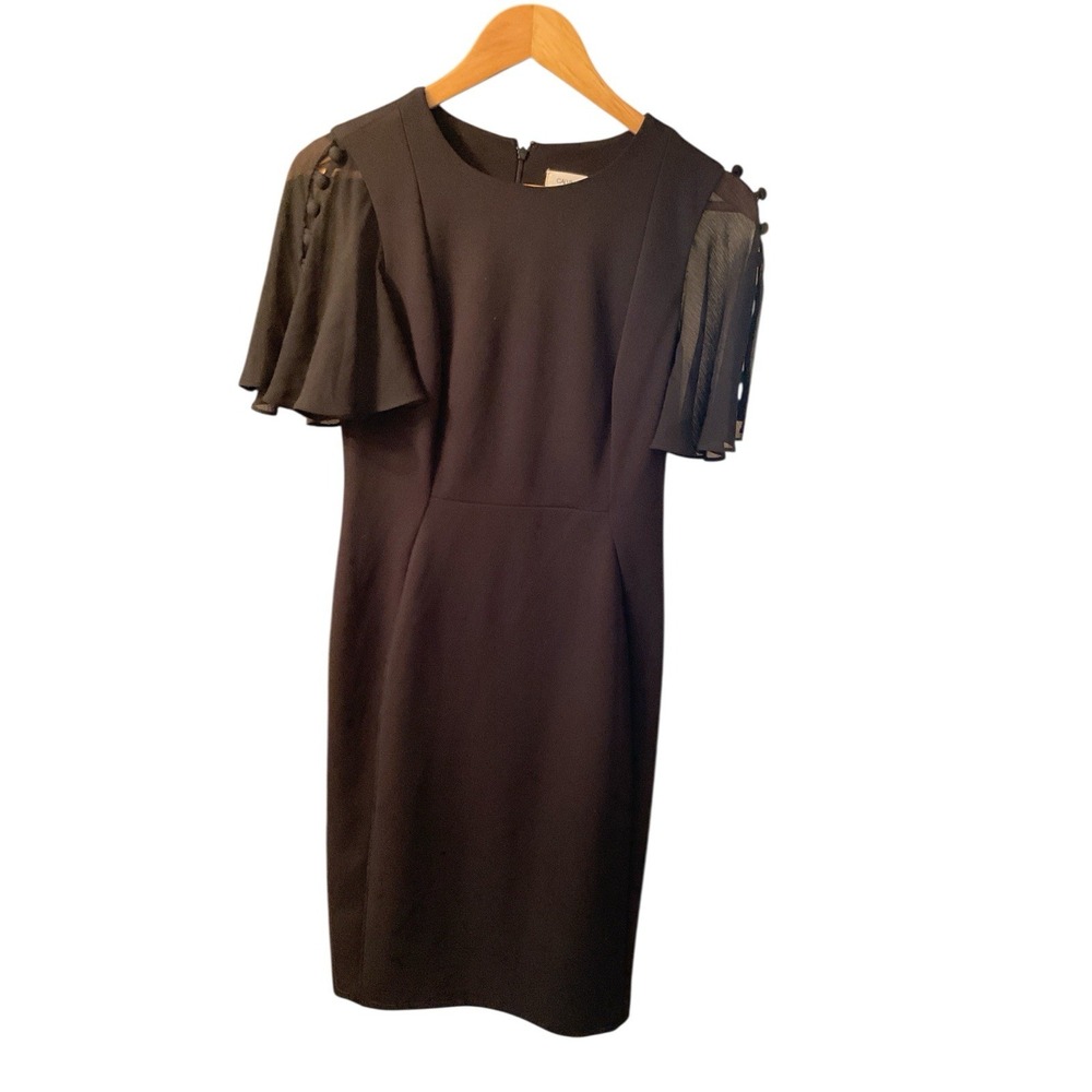 Calvin Klein Women's Sheath Dress Black Pleated Flutter Sleeve Size 4
